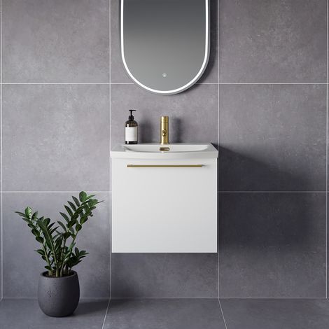 Napoli 390 Gloss White 500mm Wall Mounted Single Drawer Vanity Unit with Arc Basin - 500mm - Brushed Brass 320mm Handle