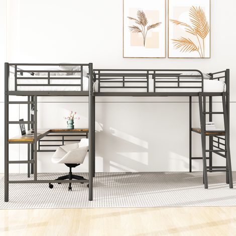 Lit mezzanine - 2 lits 90x200 cm - 2 bureaus sous le lit - Noir (1/4)