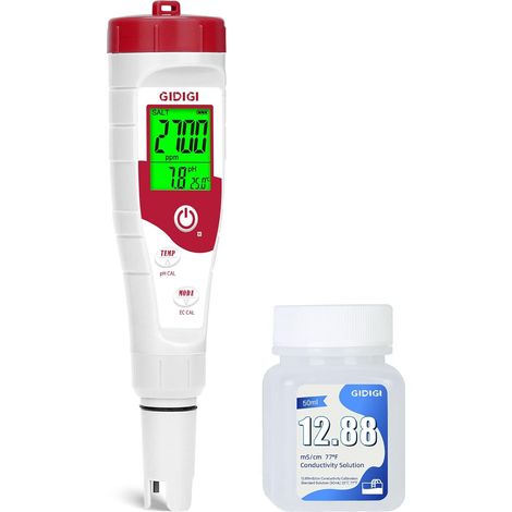 Testeur numérique de pH sel, salinité pour piscine d'eau salée avec solution d'étalonnage de 12,88 mS/cm, lecteur de pH TDS PPM EC pour aquarium (1/5)