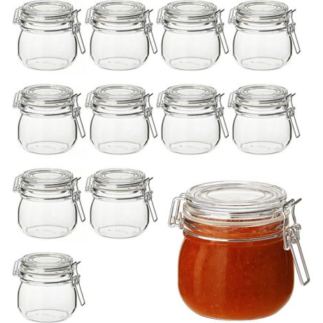 12 Barattoli in vetro tondi da 500 ml con coperchio ermetico e chiusura a clip, ideale per conserve, marmellate e biscotti (1/5)
