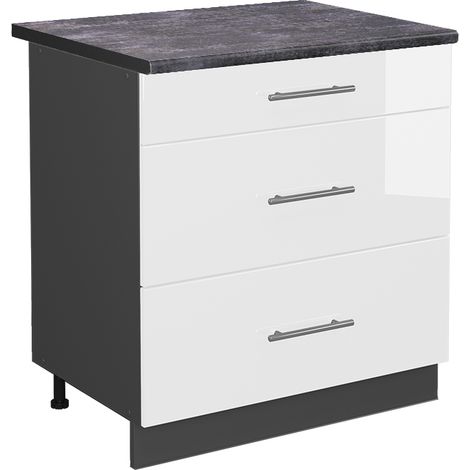 Mobiletto base per cucina Fame-Line, Bianco lucido, 80 cm con 3 cassetti, PL Antracite, Vicco