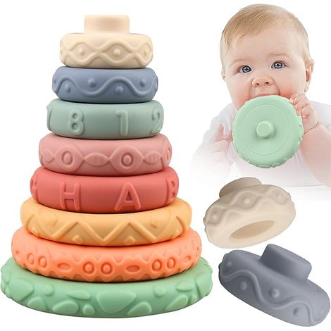 Anneaux empilables en peluche (8 pièces) pour bébés de 0 à 1 an (filles et garçons) - Blocs d'éveil sensoriel Montessori - Tour d'apprentissage pour le développement des nourrissons et la dentition