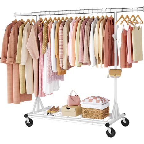 Portant à vêtements avec étagères,Portant à vêtements sur roulettes - En métal - Charge maximale : 200 kg - 50 x (106-170) x 169.5 cm, Installation rapide en 1 minute-Blanc (1/5)