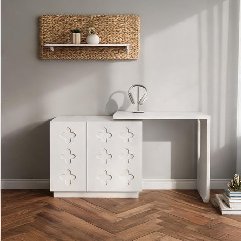 Bureau d'angle pivotant en MDF blanc avec rangement 110 cm (1/5)