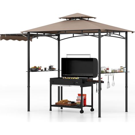 GOPLUS Tonnelle pour Barbecue avec Auvent Latéral, Abri Barbecue Extérieur avec Dessus à 2 Niveaux, Crochets, Décapsuleur, Dessus Souple, pour Jardin, Cour (242+84x153x250CMBrun) (1/5)