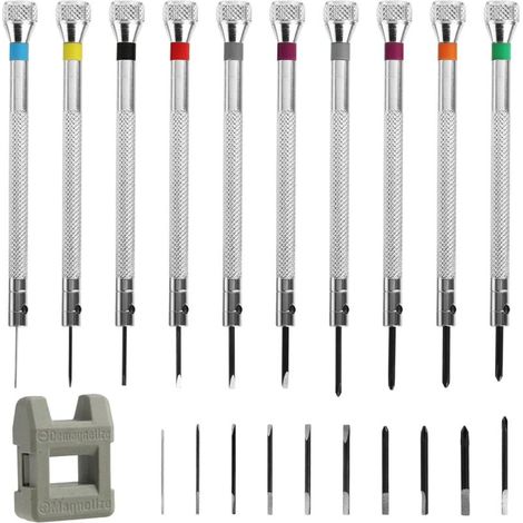 Juego de 21 destornilladores de precisión para relojeros - 0,6 a 1,6 mm - Para joyeros, relojeros, luthiers, herramientas de reparación de joyería (10 destornilladores, 10 puntas, 1 desmagnetizador)