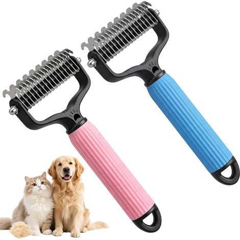 Brosse de toilettage PcsPet, peigne démêlant pour chiens et chats, râteau à sous-poil double face – Brosse pour sous-poil pour animaux à poils longs (bleu + rose) (1/5)