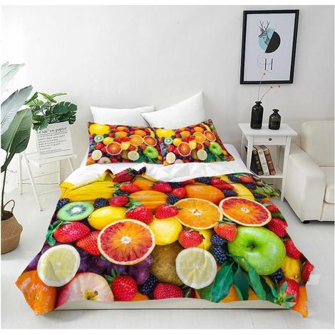 Housse de Couette 200x200 cm avec 2 Taies d'oreiller 65x65 cm Microfibre Parure de Lit Imprimé Coloré Fruits Fermeture Éclair - H7F (1/4)