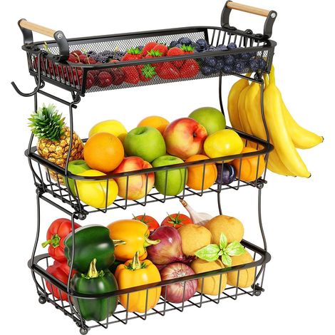 Support à Fruits 3 Niveaux Noir avec Crochets Bananes, Panier Métal Grande Capacité pour Oignons (1/5)
