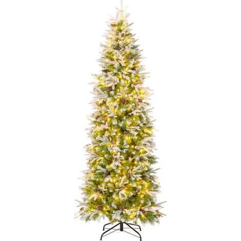Sapin de Noël Artificiel de 220 cm, Arbre de Noël à Charnières Floqué de Neige, 913 Pointes, 75 Pommes de Pin, 350 Lumières LED Blanc Chaud (1/5)