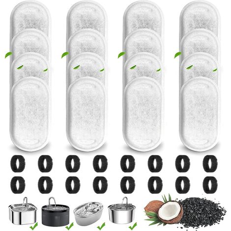 32 Packs Filtre Fontaine A Eau Chat pour Chat en Acier Inoxydable de 3.2L/2L Fontaines, Filtre à Charbon 16 pièces et Une éponge en Mousse 16 pièces avec la résine Filtre Fontaine Chat (1/5)