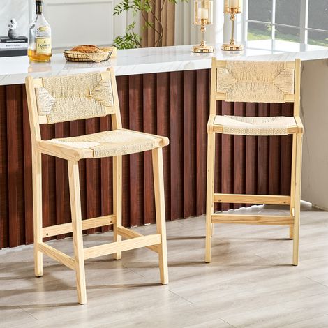 Lot de 2 tabourets de bar,44x42x89 cm, tabouret de comptoir pour îlot de cuisine style campagne chic, et assise corde tressée à la main, Bois naturel (1/5)