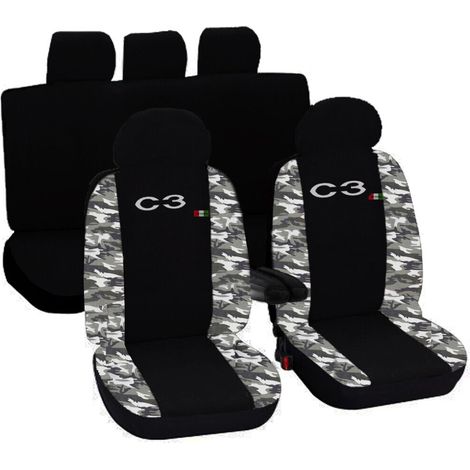 Lupex shop - Coprisedili Auto Compatibili per C3, Made In Italy, set di copri sedili anteriori e posteriori con copri poggiatesta incluso, tessuto poliestere, colore - Nero / Mimetico Chiaro