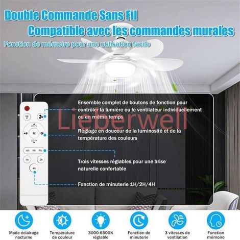 FF Ventilateur de plafond avec lumière et télécommande, petite LED dimmable, 52 cm, avec douille E27, 6 pales, 3 vitesses (1/5)