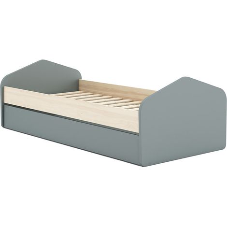KAINA - Lit 90x200cm avec Tiroir en MDF et Pin Coloris Gris Vert et Naturel (1/5)
