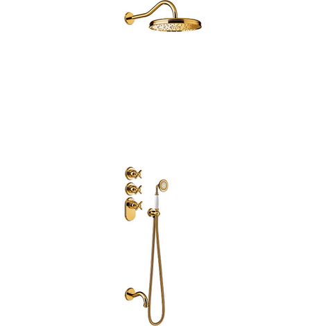 TRES 24235301OR TRES CLASIC Kit De Grifo Termostático Empotrado De 3 Vías Block System para Bañera y Ducha Color Oro 24K - ref: 24235301OR