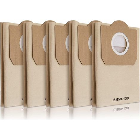 Lot de 5 sacs d'aspirateur, Sacs Droits Aspirateur pour WD3/MV3/ WD3, Sacs Filtrants en Papier de Rechange 6.959-130.0 A2201/2204/2504/2554/2251/2604 (1/5)