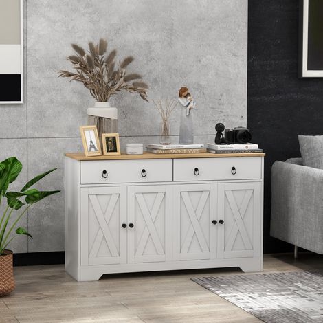 Mobile contenitore per buffet, mobile da cucina, stile rustico, 2 cassetti e 2 ante, ripiani regolabili in altezza, bianco