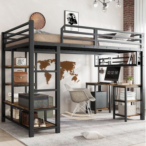 Hochbett mit integriertem Schreibtisch, Regal, 4-stufiger Leiter, 120 x 200 cm, schwarz HAVRYA (1/5)
