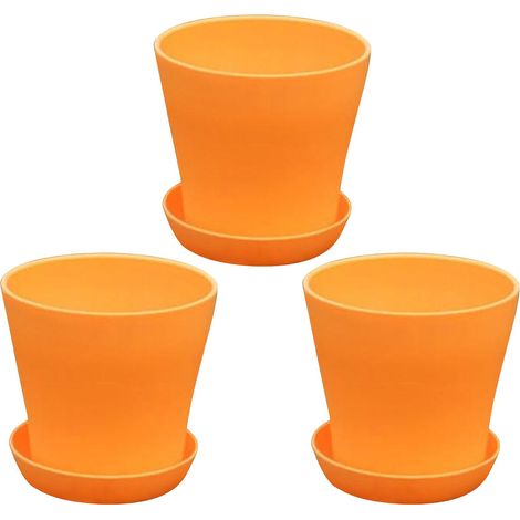 Vasi decorativi in plastica, vasi da 14 cm, confezione da 3 vasi in PP, con fori di drenaggio e sottovasi, adatti per piante e fiori da interno (arancione). (1/4)