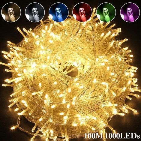 1 Lichterkette, 1000 LEDs, 100 m, IP44 wasserdicht, 8 Modi, transparentes Kabel, für drinnen und draußen, Weihnachten, Hochzeit, Party (1/5)