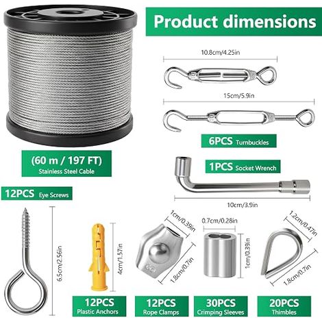 304 Stainless Steel Wire Cable Kit, 60 m 2 mm PVC Coated with Stainless Steel Cable Tensioner, for Climbing Plants, Fence, Trellis, Outdoor Drying Rack, Hanging Lights (1/4)