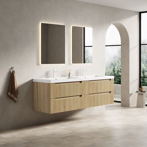 Meuble vasque suspendu 160 cm avec double lavabo intégré en pierre artificielle, 4 tiroirs (1/5)