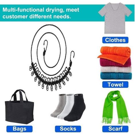 Étendoir à linge portable - Avec 12 pinces à linge - Étendoir de voyage coupe-vent - Élastique - Noir Étiquette (1/5)
