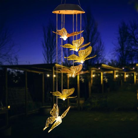 Campanilla de viento LED con forma de mariposa alimentada por energía solar - Para uso exterior - Cambio de color - Lámpara colgante para jardín, balcón, patio, terraza (1/4)
