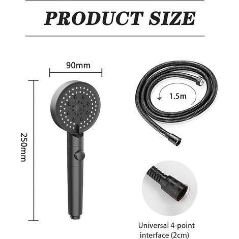 Pommeau de Douche à économie D&39eau à 5 Modes,Pommeau de Douche Réglable,Arrêt à Un Bouton,Haute Pression Salle de Bain Universel (Noir) (1/3)