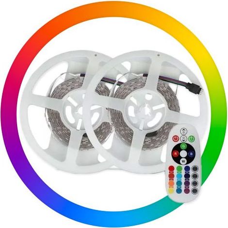 Lot de 2 Rubans LED en kit 230V 2x5m 4,8W/m RGB IP20 Avec Transfo V-TAC VT-5050 300 - 120 deg - RGB
