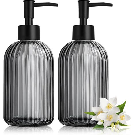 2 Distributeurs de Savon en Verre, Distributeur de Savon Noir 425ml, Distributeur de Liquide Vaisselle pour Cuisine et Salle de Bain