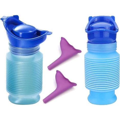 Urinoirs portables - avec 2 embouts violets - Urinoir pliable - Urinoir de voiture - Bleu-violet - Lot de 2 - Camping - Plastique - Réutilisables - Unisexe (1/5)