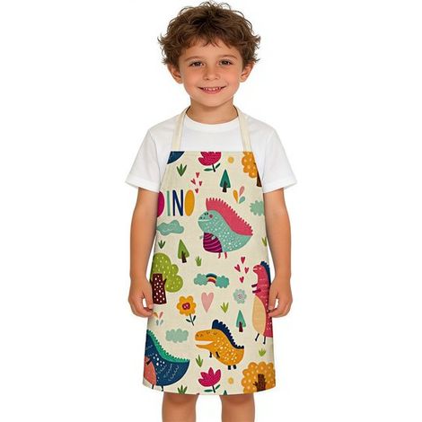 Grembiule per bambini con motivo di dinosauri in stile cartone animato, ideale per dipingere e cucinare in cucina. Consigliato per bambini e bambine. (1/5)