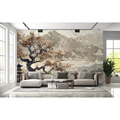 Papier peint nature - estampe asiatique de montagne et pagode - 150 x 250 cm (1/2)