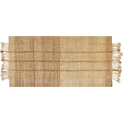 Alfombra de yute beige claro 80 x 150 cm hecho a mano borlas dormitorio Karkin