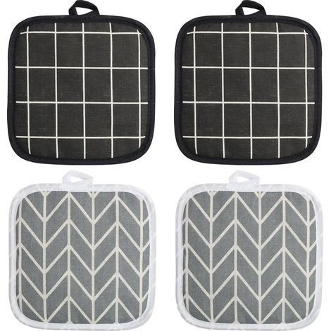 Set di 4 guanti da forno in cotone nero e grigio, con tasche antiscivolo, guanti da cucina, 18x18 cm, resistenti al calore fino a 100°C, lavabili in lavatrice, per cucinare e cuocere al forno