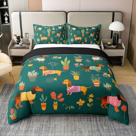 Housse de couette 100 % coton - Motif teckel vert - 220 x 240 cm - Fleurs multicolores - Motif saucisse - Décoration de jardin pastorale - Pour chambre à coucher - Doux et confortable (1/5)