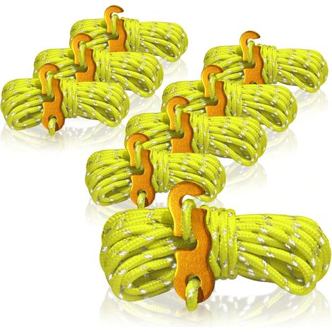 8x Hauban, 4m, réflecteur jaune, boucle aluminium, réglable, pour tente camping