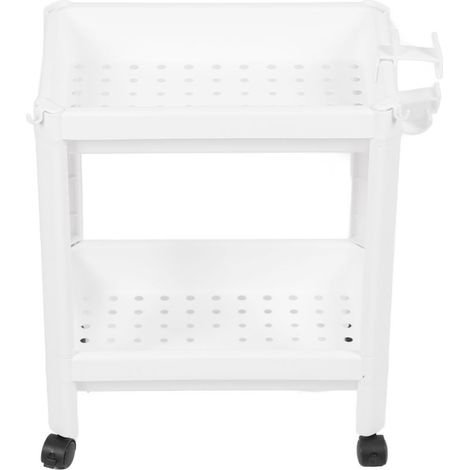 Étagère de tour de salle de bain en plastique, étagère de rangement autoportante, étagère multifonctionnelle pour salon, chambre à coucher, cuisine, blanc, 2 couches (avec roue). (1/5)