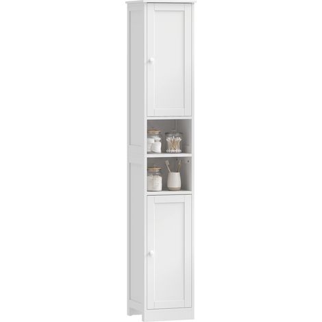 Meuble de salle de bain haut, meuble de rangement avec 2 portes, 2 compartiments ouverts, étagère réglable, blanc (1/5)