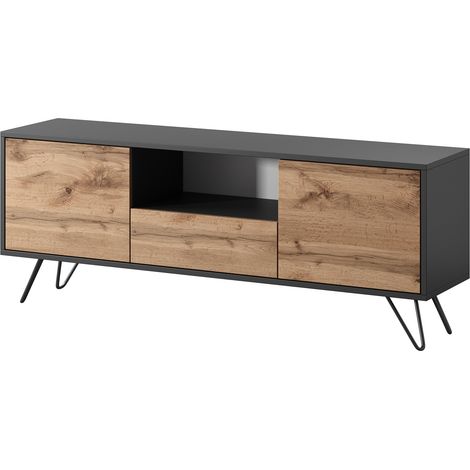 Mobile TV Con 2 Ante Battenti Anta A Ribalta E Vano A Giorno Design Minimal Moderno Per Living Soggiorno Salotto Sala Da Pranzo Zona Giorno 137 x 52 x 33 cm Nero E Rovere (1/5)