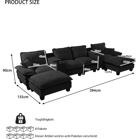 Canapé modulaire Cloud en U noir chenille 2 consoles rangement porte-gobelets USB 2 poufs 2 coussins