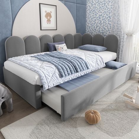 Lit de jour rembourré 90x200 cm, canapé-lit pour enfant avec lit gigogne 90x190 cm et sommier à lattes, velours, gris, sans matelas (1/5)