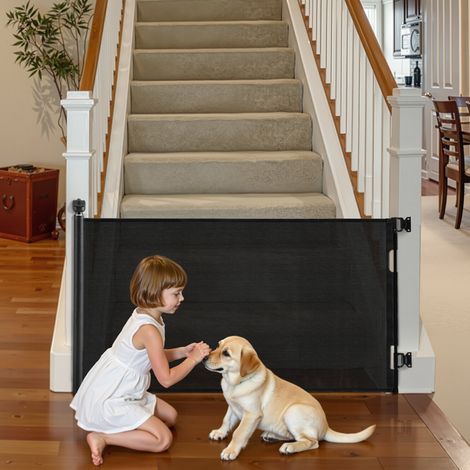 Barrière de Sécurité Extensible, Clôture en Maille 185 cm de Large et 98 cm de Haut, Barrière Rétractable pour Animaux de Compagnie, avec Verrou de Sécurité, pour Couloir Escalier, Noir (1/5)
