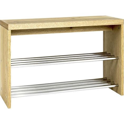 Banc à Chaussures, Chrome et placage en chêne véritable, étagère à Chaussures avec Assise, Banc d'entrée, MDF, métal, Panneau alvéolaire - Dimensions : L 81 x H 55 x P 30 cm Style : Moderne (1/2)