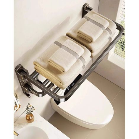 Porte serviette de bain en aluminium spatial couleur gris pistolet 60cm pliable double couche sans perçage étagère de rangement murale pour salle de bain (1/5)