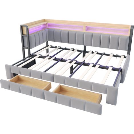 Ausziehbares Schlafsofa 90x200 cm aus hellgrauem Samt mit Stauraum, LED und USB-C (1/5)