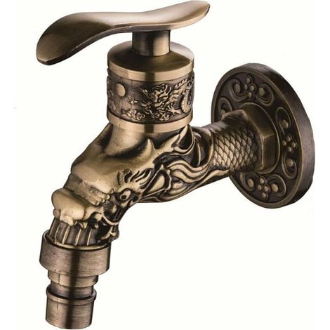 Hand Wash Faucet, Washing Machine Small Faucet Wall Bracket Carved Zinc Alloy Antique Brass Decorative Bibcock (1/5)