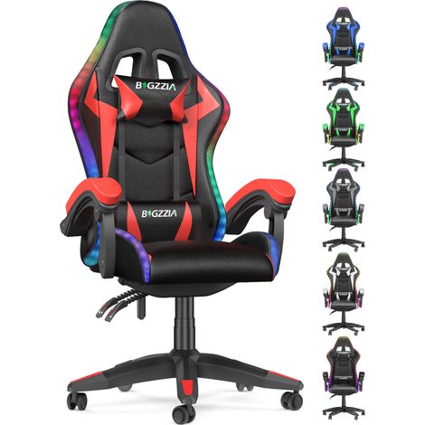 Chaise Gaming - Chaise de jeu ergonomique - éclairage LED Effets - Lombaire&Appui-Tête Appui - 155°Dossier inclinable - jusqu'à 136Kg - Pivotement sur 360 degrés - noir/rouge